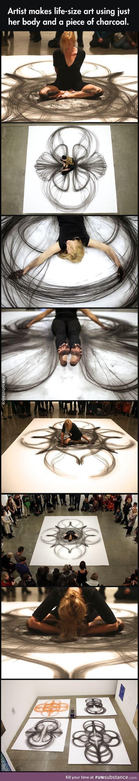 Artist uses her body and a piece of charcoal to create this