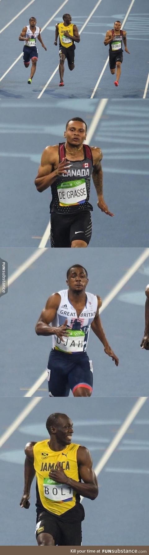 These two dudes spitting out pieces of lungs while Bolt poses for photos