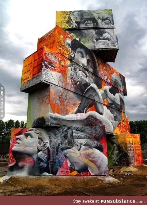 Containers covered with Greek god graffiti