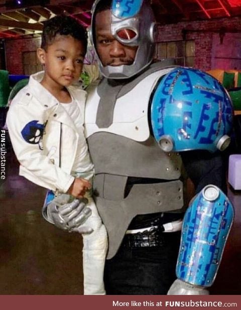 50 cent dressed as Cyborg for his sons birthday party