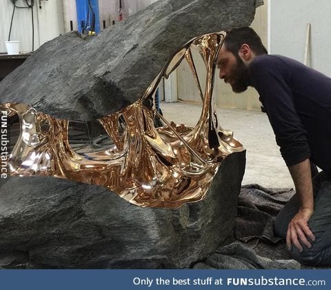 Bisected Boulders With Stretched Bronze Interiors by Romain Langlois