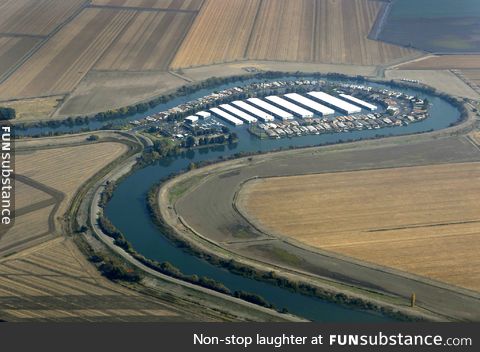 A marina built into the bend of a river