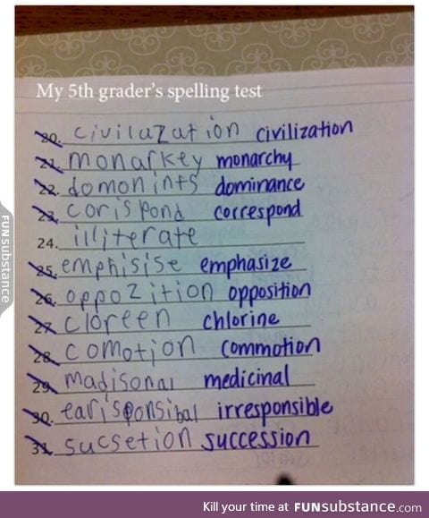 A 5th grader's spelling test