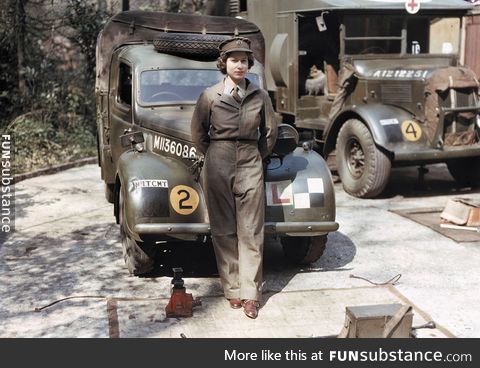 Queen Elizabeth II, serving as a mechanic and truck driver during WWII