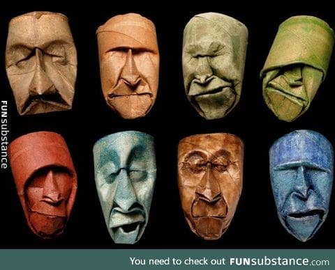 Crumpled toilet paper tubes faces