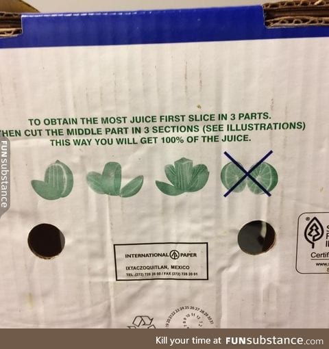This box of limes recommends a different way of cutting fruit