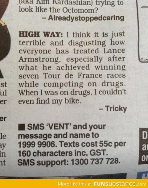 Comment on Lance Armstrong on drugs