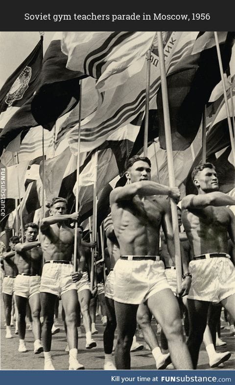 Soviet gym teachers parade in Moscow, 1956