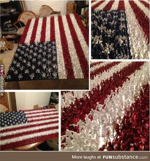 American flag made out of over 4,000 spray painted toy soldiers