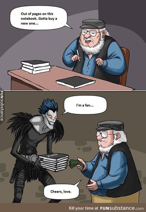 George r. R. Martin buying his notebooks