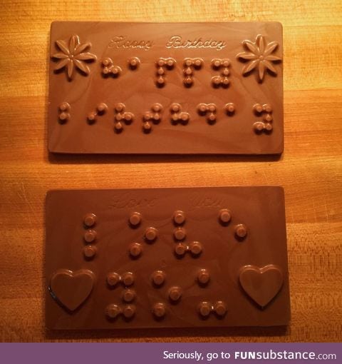 Braille chocolate message made for a blind daughter
