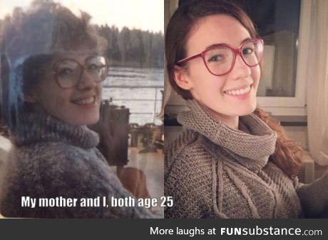 Girl and her mother 25 years apart