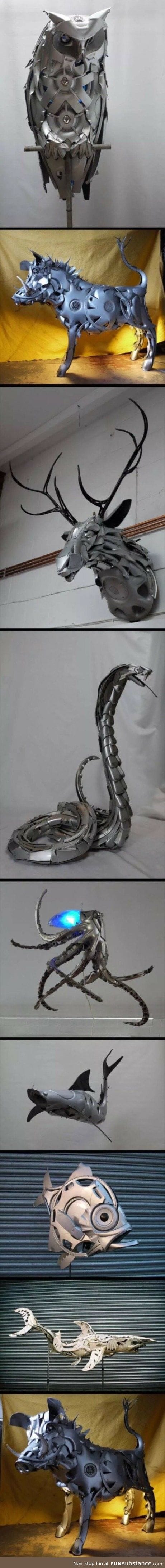 Sculptures made entirely from hubcaps found on the side of the road