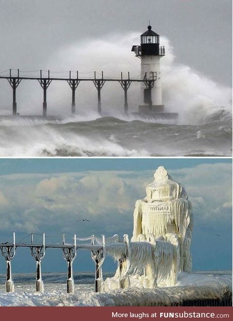 A light house before and after the winter storms