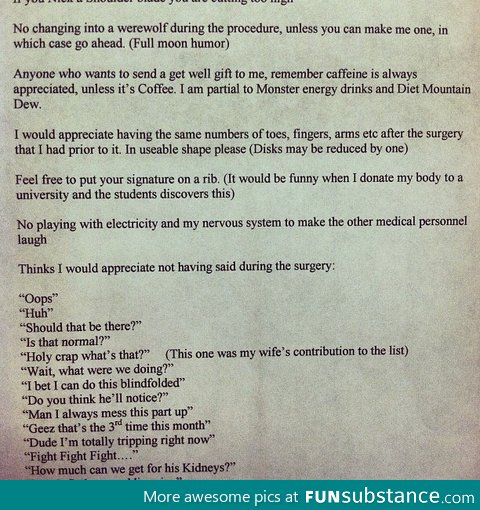 A patient handed this letter to the surgeon before surgery