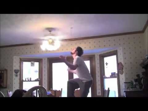 Guy grabs tomato through spinning ceiling fan, missing the fan