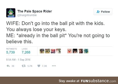 Pls don't lose your keys in the ball pit. And don't lose your balls in the key pit.