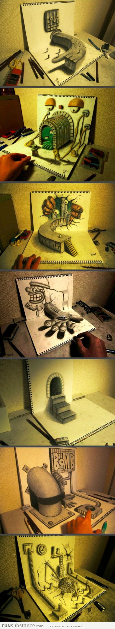 3D Illusion Sketchbook Drawings