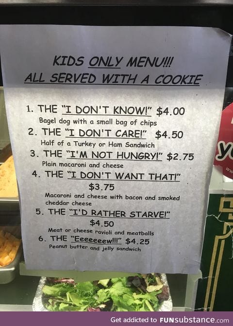 The children's menu at a local sandwich shop