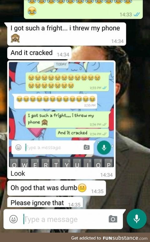 Friend trying to show me how her phone cracked after I scared her