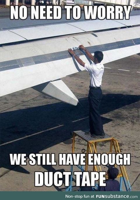 Man repairing plane with duct tape