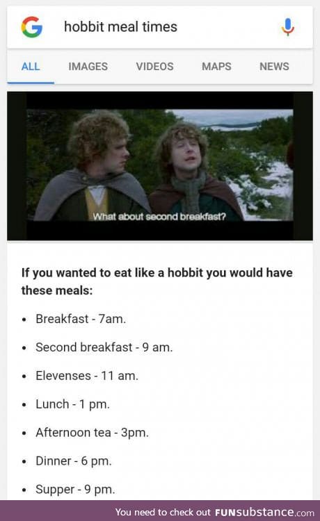 If you ever wanted to be a hobbit, Google tells you hobbit meal times