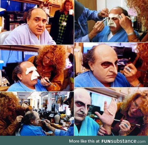 Danny Devito, behind the scenes, as Penguin in the movie Batman Returns