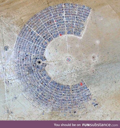 Aerial View of The Burning Man in Black Rock Desert of Nevada, USA