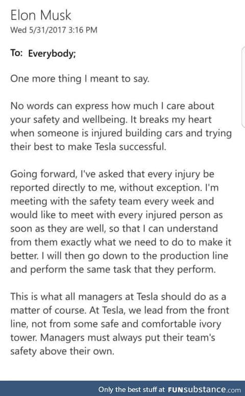 Elon's letter about factory working conditions - he cares a lot!