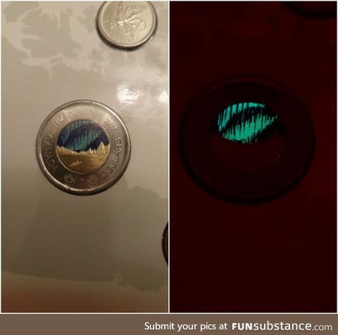 Canada's new toonie (two dollar coin) has an aurora borealis that glows in the dark