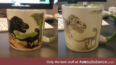 Coffee mug turns dinosaurs into fossils when you pour hot liquid into it