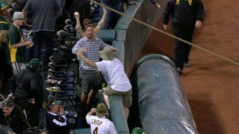 Fan dives for a fly ball, emerges with a beer