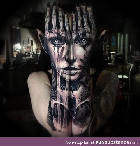 Split Forearms and Hands Necro-Elf Tattoo