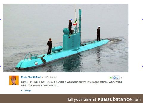 Iran shows off new sky blue mini-sub - Yahoo user not impressed