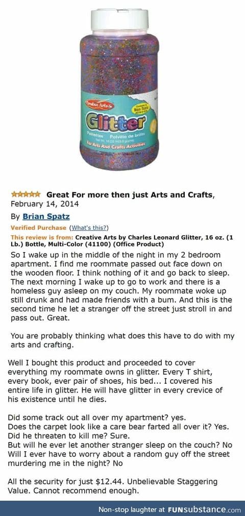 Amazon glitter review from the worst roommate ever