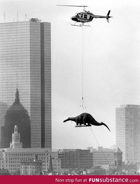 A dinosaur being delivered to the Boston Museum of Science in 1984 By helicopter