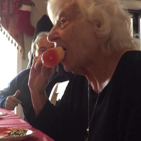 Grandma eats rubber chicken