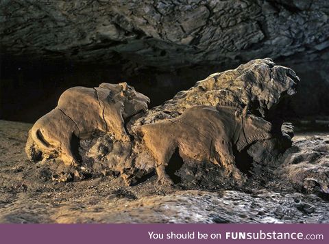 14000 years old bisons sculptures found in Le Tuc d'Audoubert cave. Ariege, France