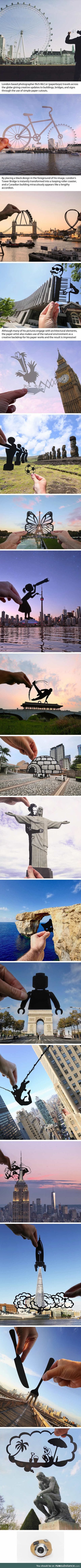 Paper cutouts transform landmarks around the world into scenes of temporary amusement