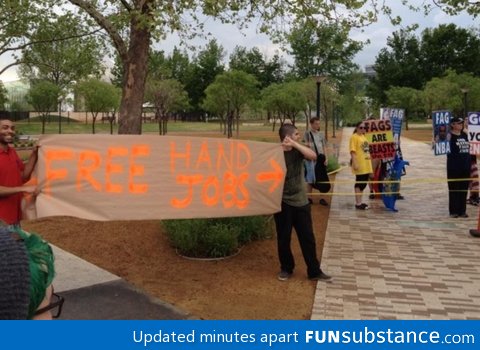 Westboro church protesting in oklahoma city.  We can make signs also :)