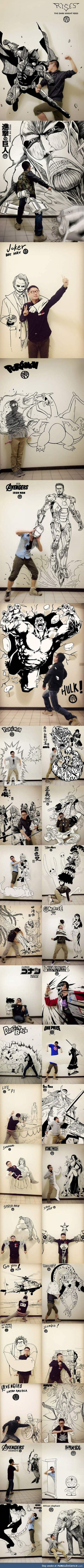 Epic asian man draws himself with comic book characters