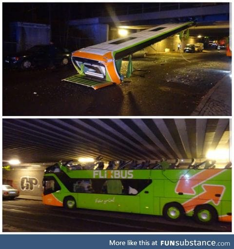 Driver turns his bus in a perfect drop-top by misjudging the height of a bridge