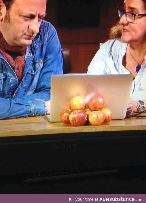 BBC trying to avoid product placement with a stack of apples.