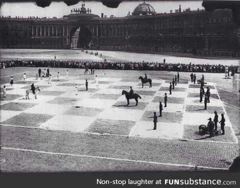 Human-size chess game with actual soldier in St. Petersburg, Russia (1924)