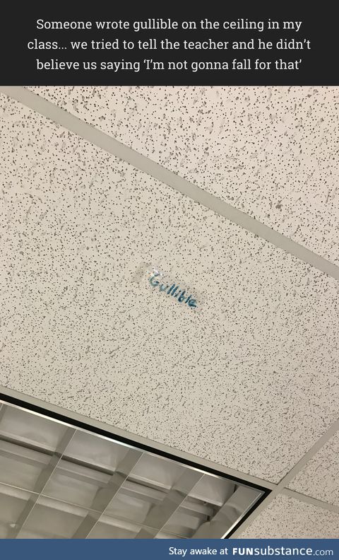 Someone wrote gullible on the ceiling in my class lol