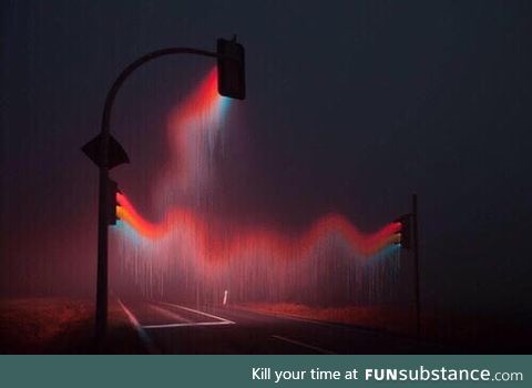 Long exposure picture of traffic lights in rain