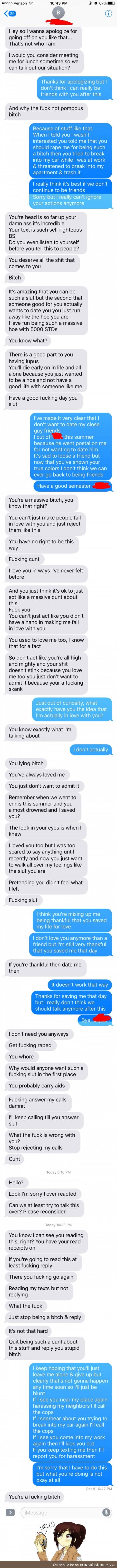 Guy goes absolutely insane after being rejected by a girl he loves over text