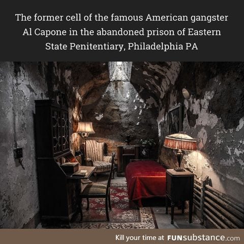 The former cell of the famous American gangster Al Capone in the abandoned prison