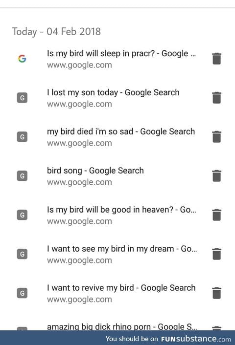 Simone's bird died. Spotted in his google history. So sad