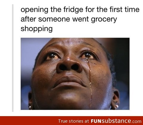 Opening fridge after shopping